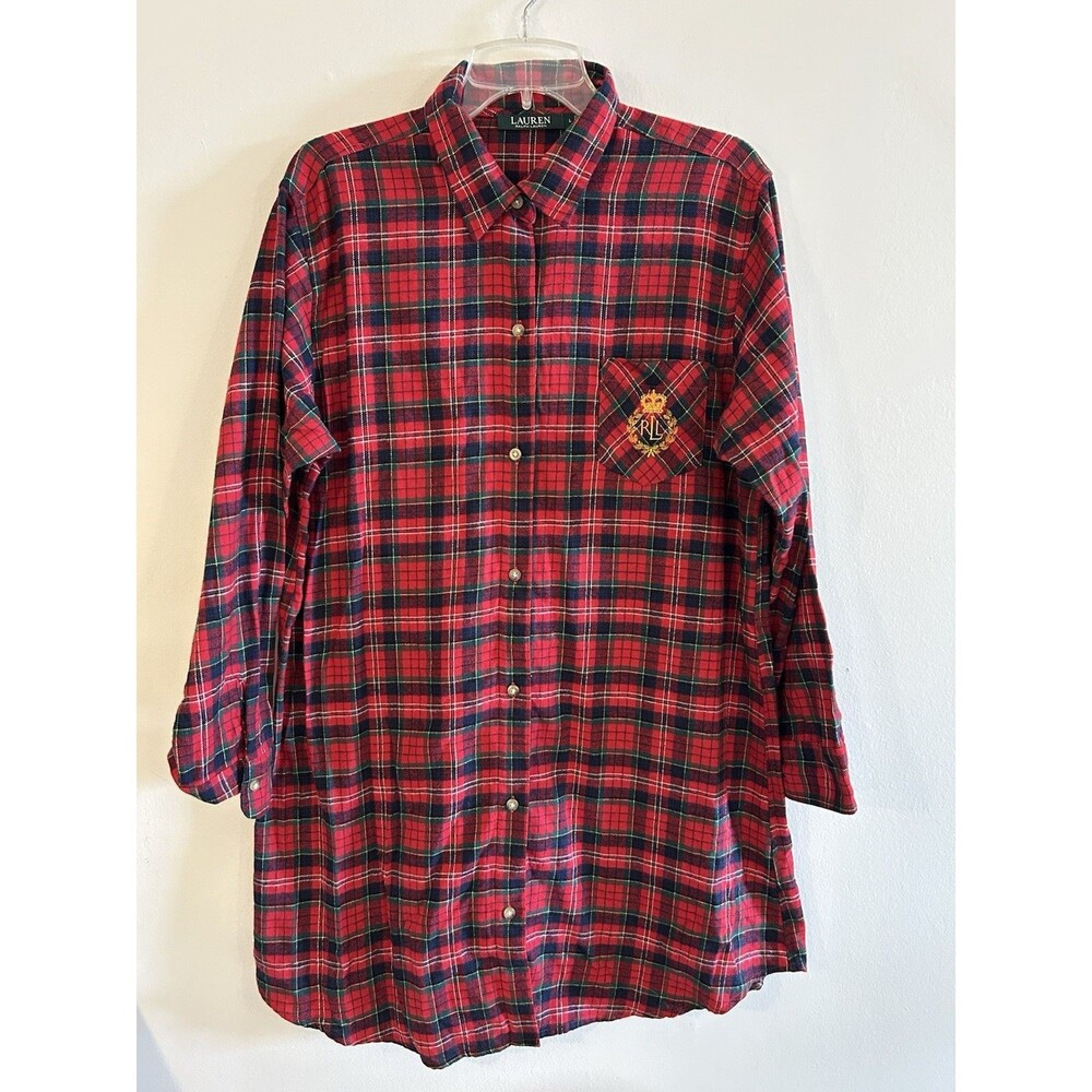 Lauren Ralph Lauren Pajama Top Womens Size L Red Plaid Sleep Shirt Tunic